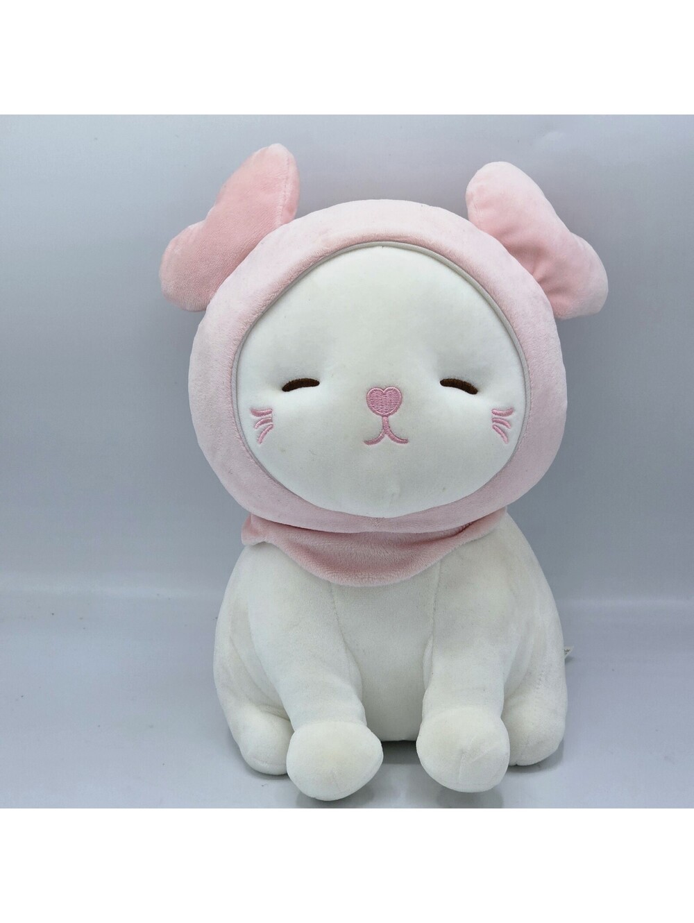 MINISO White Cat Plush Sleeping Pink Hood Bonnet Bunny Ears 27cm Kawaii Soft Toy